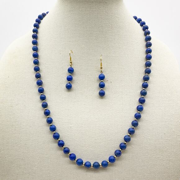 Lapis Lazuli Beaded Necklace Earring Set w 14K Gold Spacer Beads and Clasp ~58g